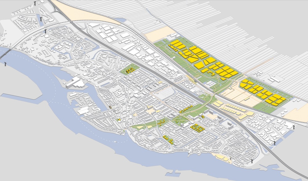 Visualitatie van Sliedrecth met de nieuwe delen ingetekend voor het Programma Ruimtelijke Vernieuwing Sliedrecht